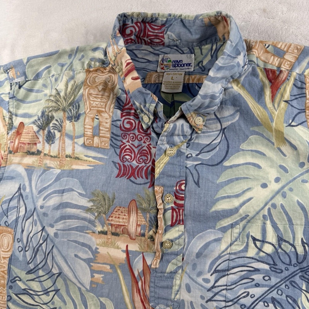 Vtg Reyn Spooner Tiki Hawaiian Shirt Mens L Aloha 1/4Button Down Hut Island AOP